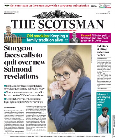 The Scotsman Newspaper Front Page (UK) for 3 March 2021