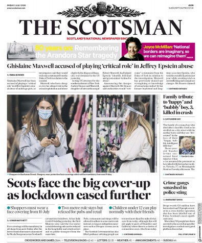 The Scotsman Newspaper Front Page (UK) for 3 July 2020