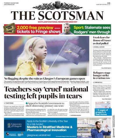 The Scotsman Newspaper Front Page (UK) for 3 August 2018