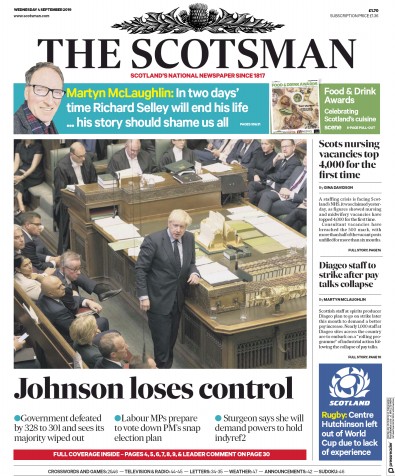 The Scotsman Newspaper Front Page (UK) for 4 September 2019