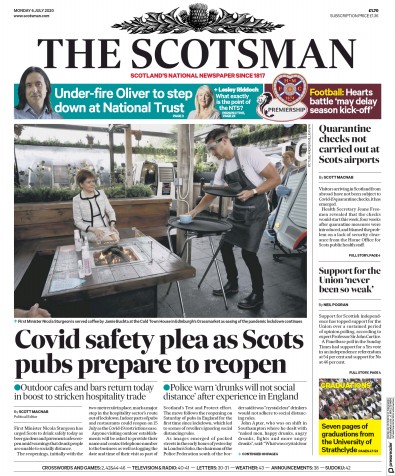 The Scotsman Newspaper Front Page (UK) for 6 July 2020