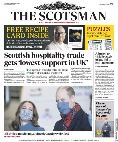 The Scotsman Newspaper Front Page (UK) for 8 December 2020