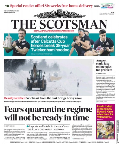 The Scotsman Newspaper Front Page (UK) for 8 February 2021