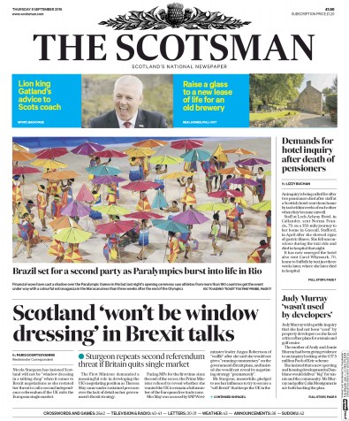 The Scotsman Newspaper Front Page (UK) for 8 September 2016