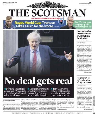 The Scotsman Newspaper Front Page (UK) for 9 October 2019