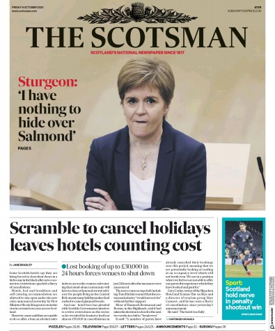 The Scotsman Newspaper Front Page (UK) for 9 October 2020