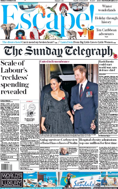 The Sunday Telegraph Newspaper Front Page (UK) for 10 November 2019