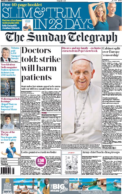 The Sunday Telegraph Newspaper Front Page (UK) for 10 January 2016