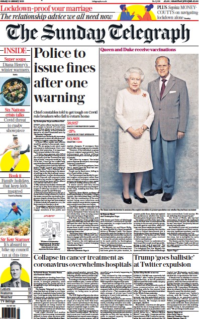 The Sunday Telegraph Newspaper Front Page (UK) for 10 January 2021