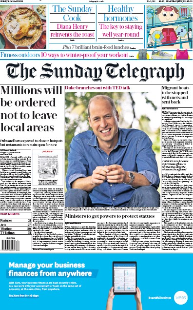 The Sunday Telegraph Newspaper Front Page (UK) for 11 October 2020