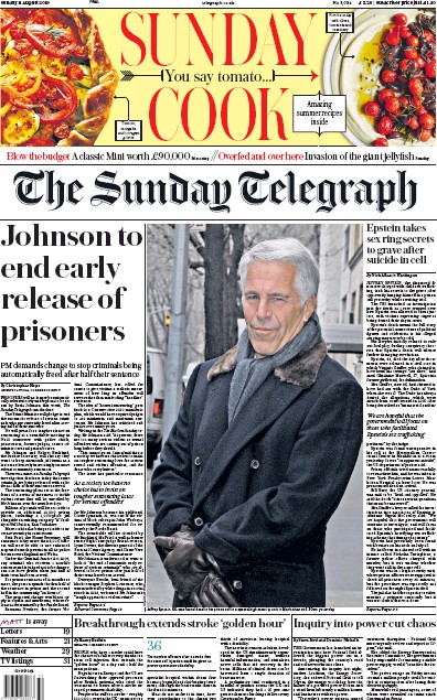 The Sunday Telegraph Newspaper Front Page (UK) for 11 August 2019