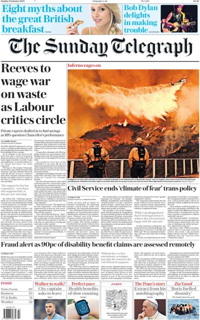 The Sunday Telegraph Newspaper Front Page (UK) for 12 January 2025