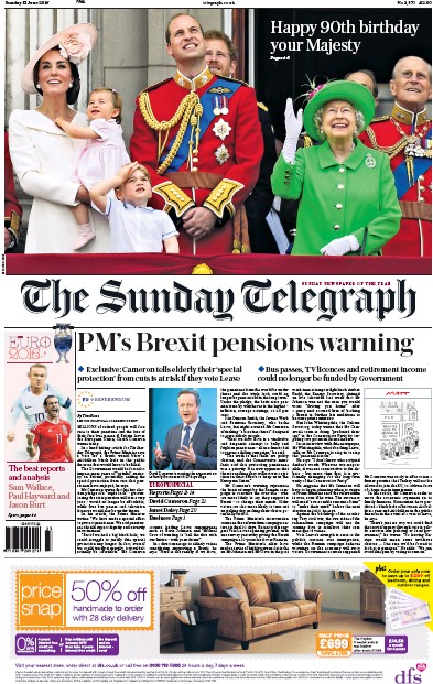 The Sunday Telegraph Newspaper Front Page (UK) for 12 June 2016