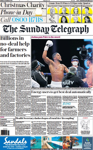 The Sunday Telegraph Newspaper Front Page (UK) for 13 December 2020