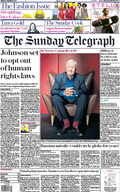 The Sunday Telegraph Newspaper Front Page (UK) for 13 September 2020