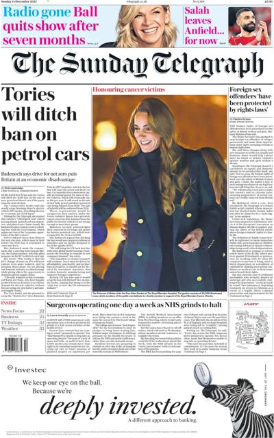 The Sunday Telegraph Newspaper Front Page (UK) for 14 December 2025