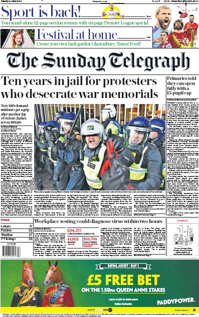 The Sunday Telegraph Newspaper Front Page (UK) for 14 June 2020