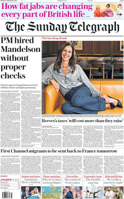The Sunday Telegraph Newspaper Front Page (UK) for 14 September 2025