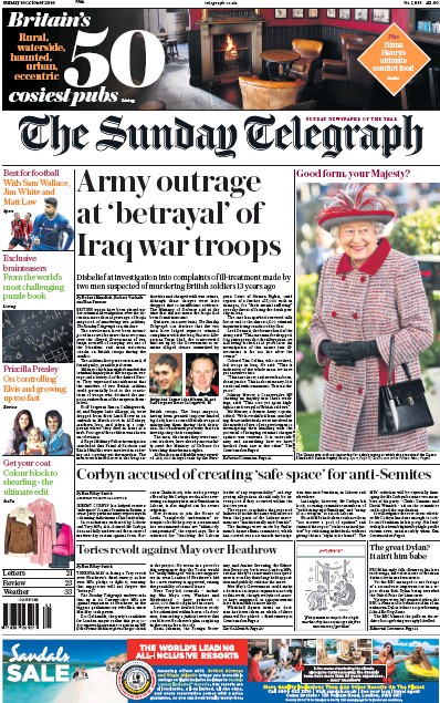 The Sunday Telegraph Newspaper Front Page (UK) for 16 October 2016