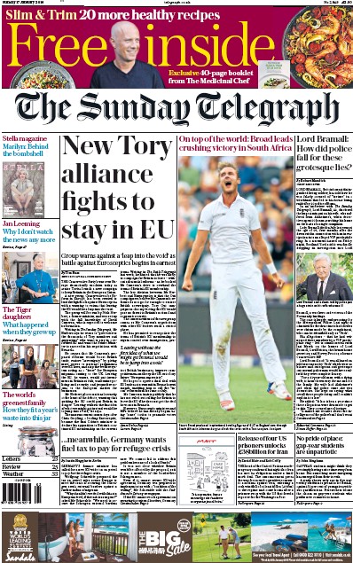 The Sunday Telegraph Newspaper Front Page (UK) for 17 January 2016