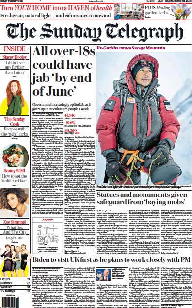 The Sunday Telegraph Newspaper Front Page (UK) for 17 January 2021