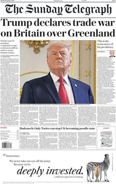 The Sunday Telegraph Newspaper Front Page (UK) for 18 January 2026