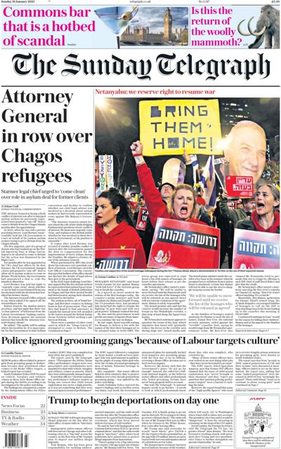 The Sunday Telegraph Newspaper Front Page (UK) for 19 January 2025