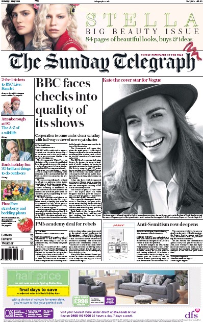 The Sunday Telegraph Newspaper Front Page (UK) for 1 May 2016