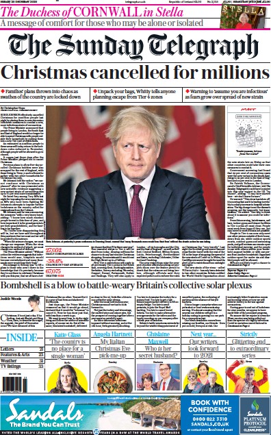 The Sunday Telegraph Newspaper Front Page (UK) for 20 December 2020