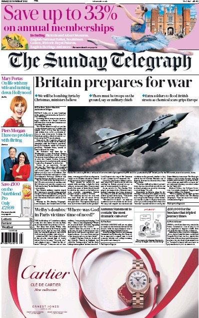 The Sunday Telegraph Newspaper Front Page (UK) for 22 November 2015