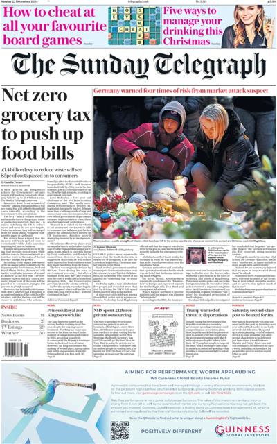 The Sunday Telegraph Newspaper Front Page (UK) for 22 December 2024