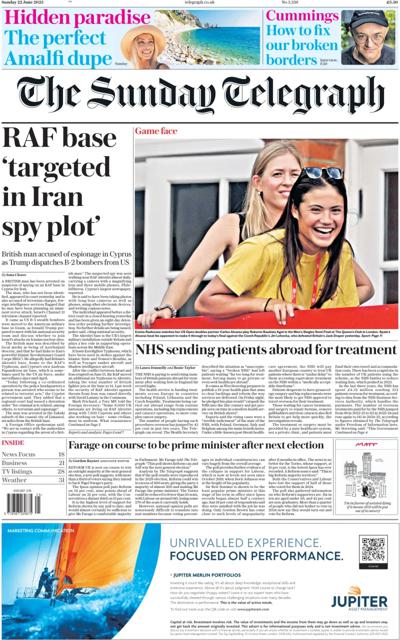 The Sunday Telegraph Newspaper Front Page (UK) for 22 June 2025