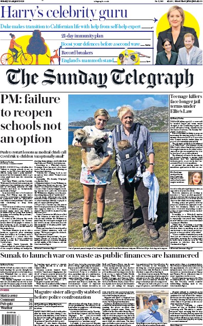 The Sunday Telegraph Newspaper Front Page (UK) for 23 August 2020