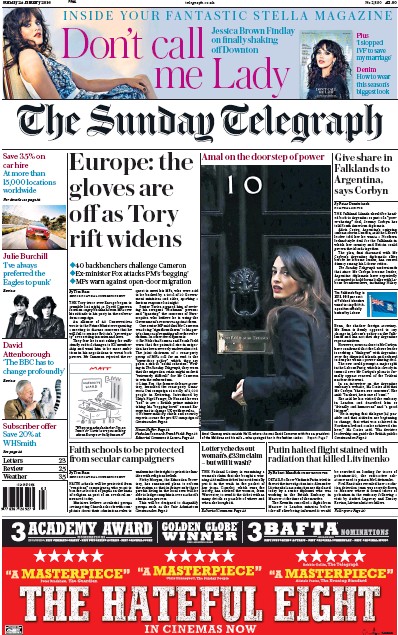 The Sunday Telegraph Newspaper Front Page (UK) for 24 January 2016