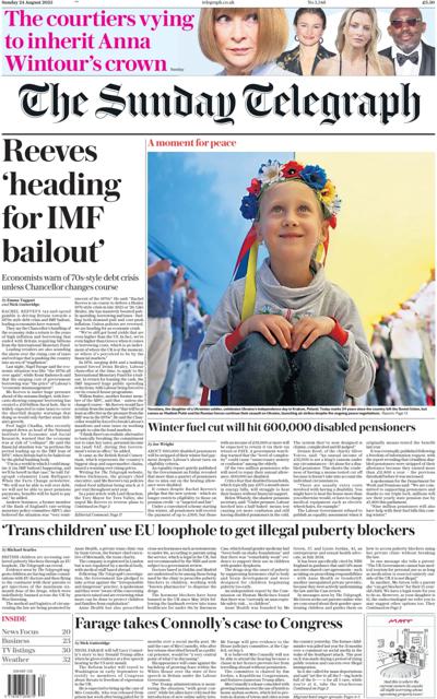 The Sunday Telegraph Newspaper Front Page (UK) for 24 August 2025