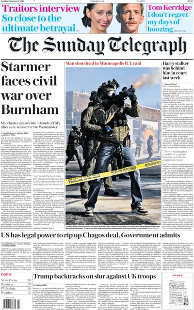 The Sunday Telegraph Newspaper Front Page (UK) for 25 January 2026