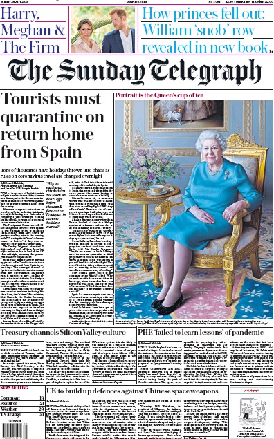 The Sunday Telegraph Newspaper Front Page (UK) for 26 July 2020