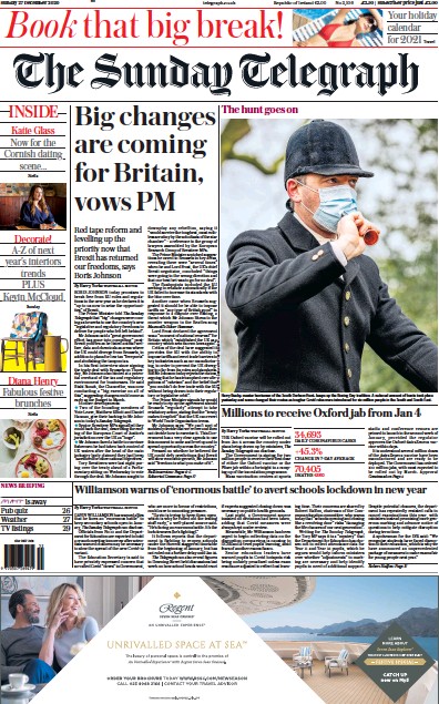 The Sunday Telegraph Newspaper Front Page (UK) for 27 December 2020