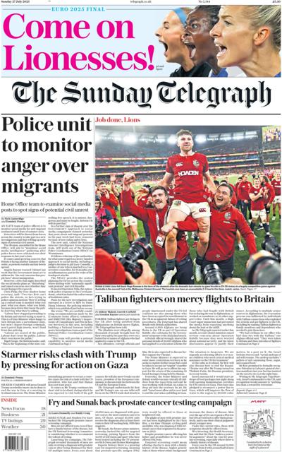 The Sunday Telegraph Newspaper Front Page (UK) for 27 July 2025