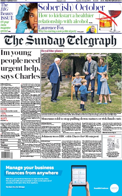 The Sunday Telegraph Newspaper Front Page (UK) for 27 September 2020