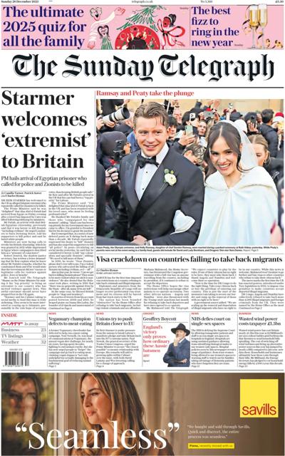 The Sunday Telegraph Newspaper Front Page (UK) for 28 December 2025