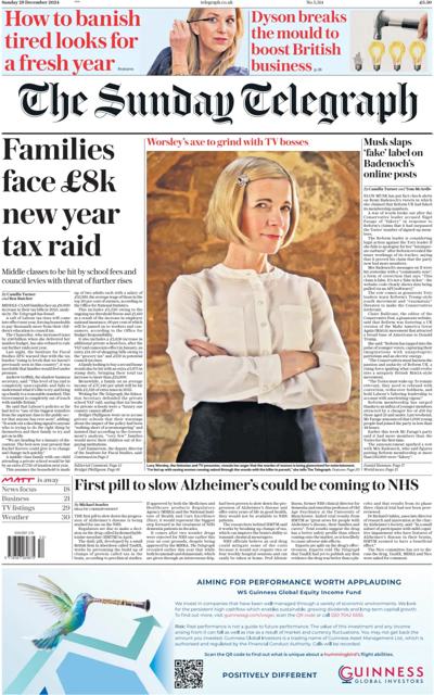 The Sunday Telegraph Newspaper Front Page (UK) for 29 December 2024