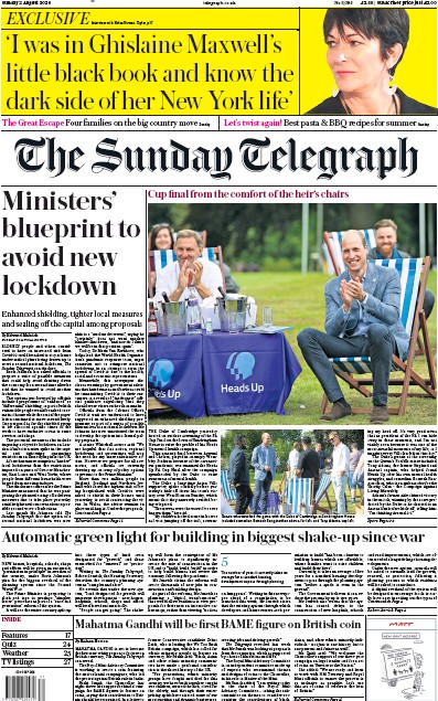 The Sunday Telegraph Newspaper Front Page (UK) for 2 August 2020