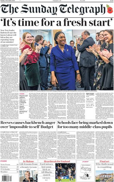 The Sunday Telegraph Newspaper Front Page (UK) for 3 November 2024