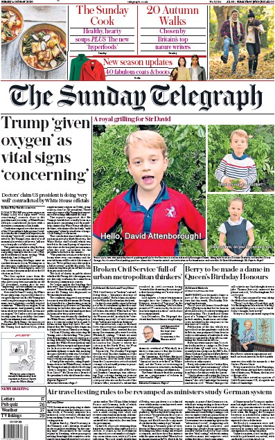 The Sunday Telegraph Newspaper Front Page (UK) for 4 October 2020