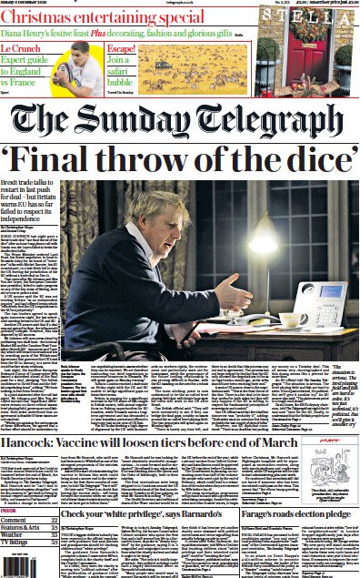 The Sunday Telegraph Newspaper Front Page (UK) for 6 December 2020