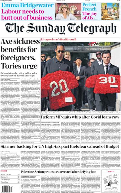 The Sunday Telegraph Newspaper Front Page (UK) for 6 July 2025