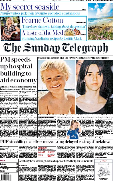 The Sunday Telegraph Newspaper Front Page (UK) for 7 June 2020