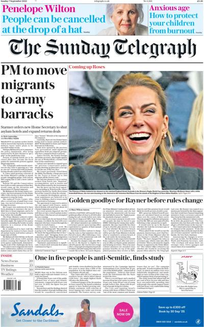 The Sunday Telegraph Newspaper Front Page (UK) for 7 September 2025