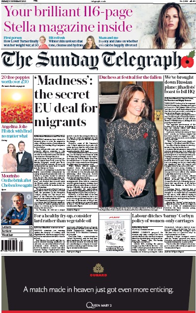 The Sunday Telegraph Newspaper Front Page (UK) for 8 November 2015